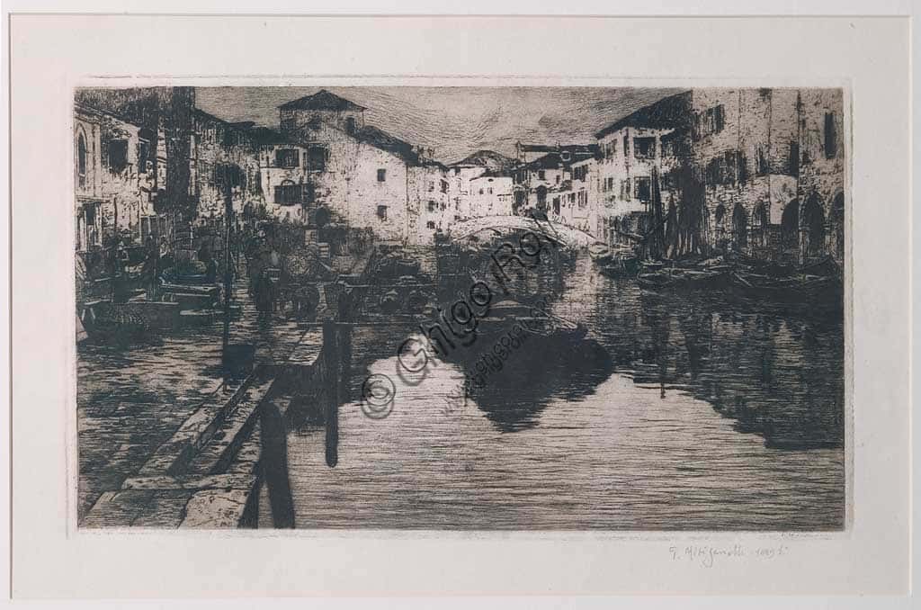 Etching "The Fish Market Canal in Chioggia" by Giuseppe Miti Zanetti