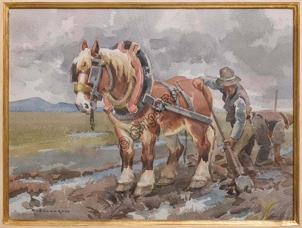 Work in the Fields: watercolour painting by Arcangelo Salvarani (c. 1930)