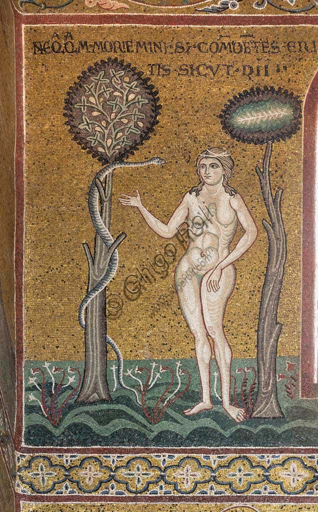 Eve and the Serpent Mosaic in Monreale Cathedral, Sicily