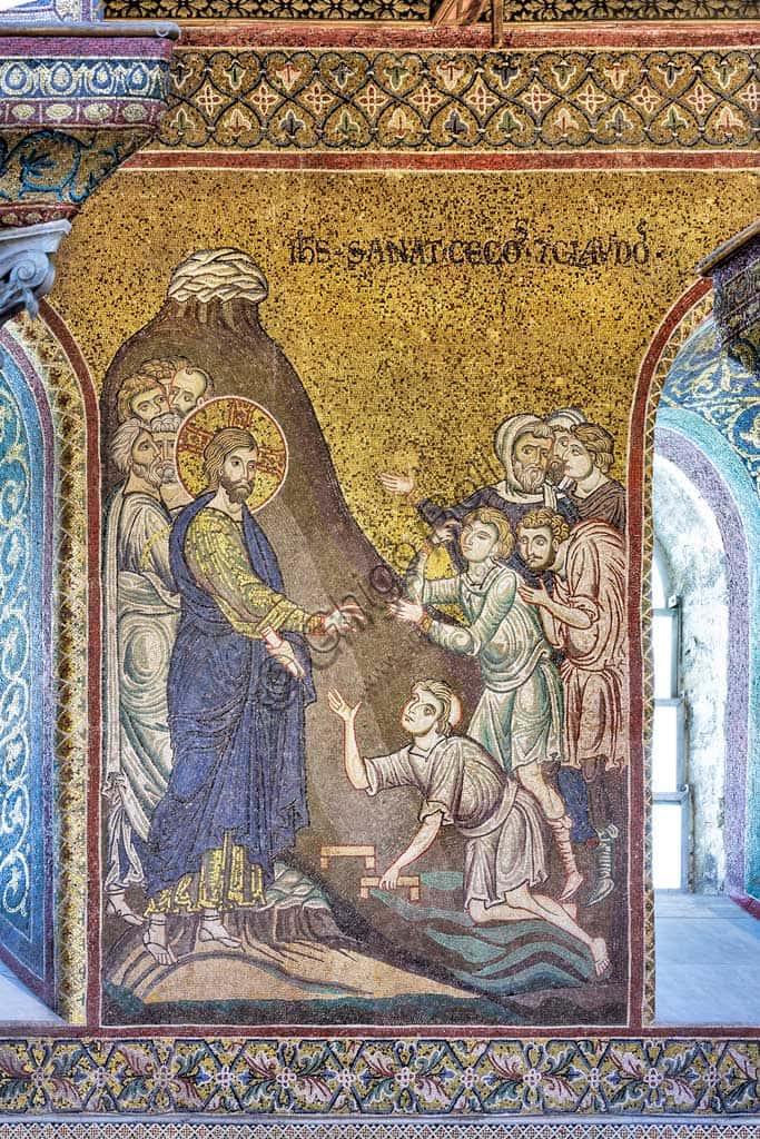 Byzantine mosaic 'Jesus healing blind men and cripples' in Monreale Cathedral