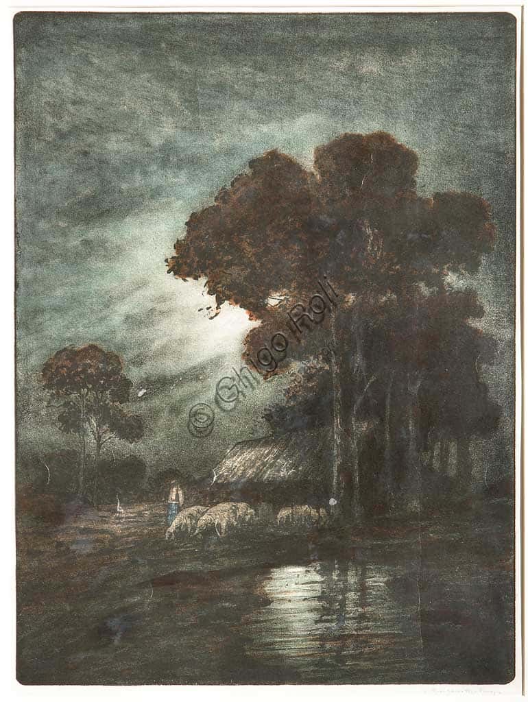 Landscape and Flock: Etching by Giuseppe Miti Zanetti