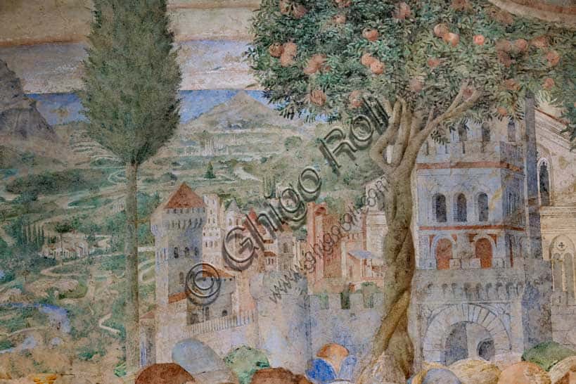 Affresco della Torre di Babele: particolare con alberi e paesaggio a Pisa