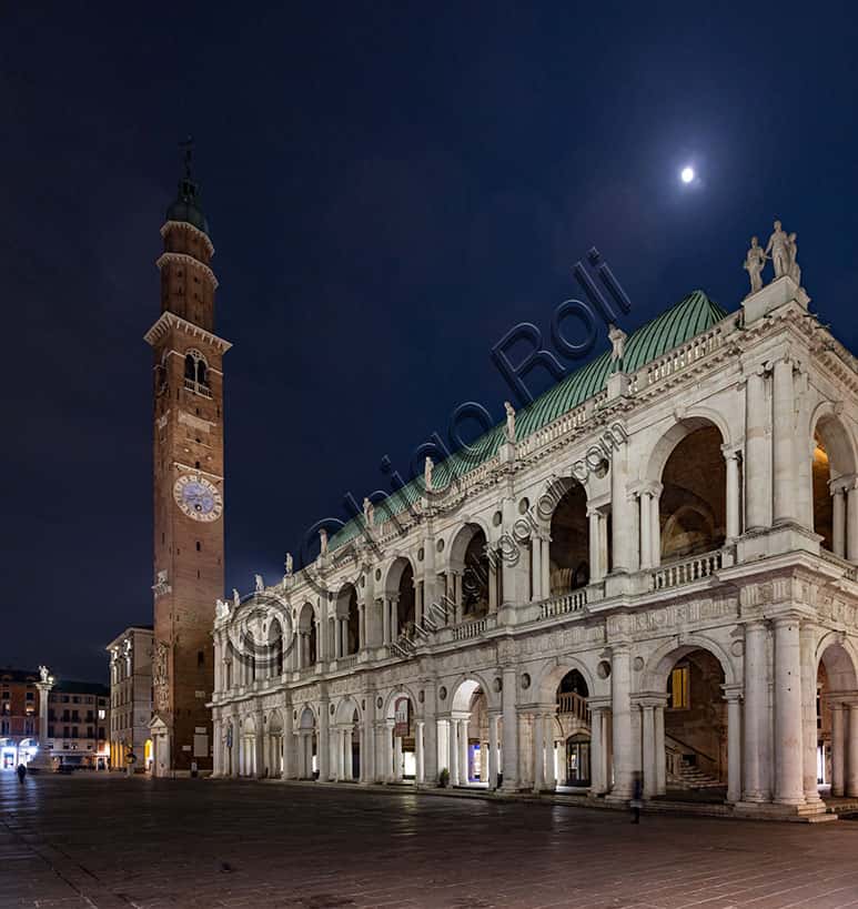 Night View of Piazza dei Signori in Vicenza: Palladian Basilica and Bissara Tower