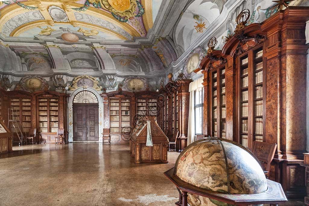 Antoniana Pontifical Library: Hall with Globe and Antique Mahogany Bookcases