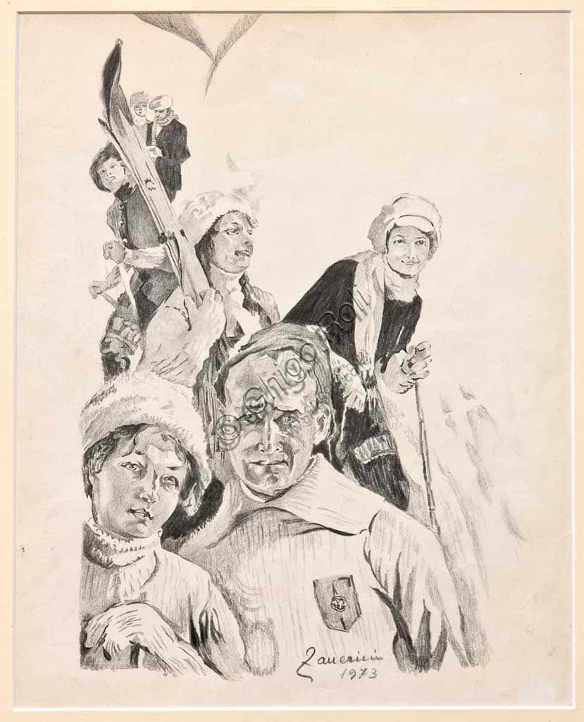 Remo Zanerini: 'Gli Sciatori' (1973), disegno a matita su carta