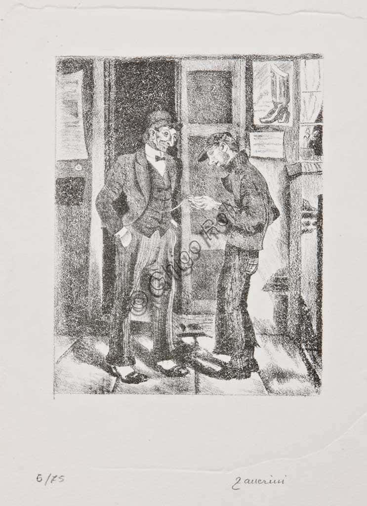 Litografia "Ragazzo guarda l'orologio da taschino" di Remo Zanerini
