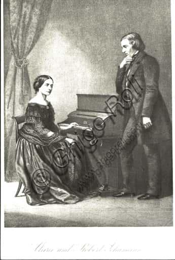 Ritratto di Clara e Robert Schumann al Pianoforte: Analisi dell'Incisione