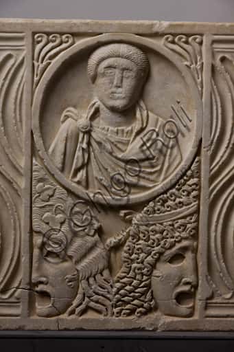 Roman Sarcophagus in Genoa: Male Figure and Theatre Masks Detail
