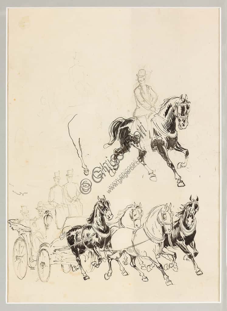 Schizzo Preparatorio di Carrozza e Cavalli di Carlo Casaltoli (1865-1903)