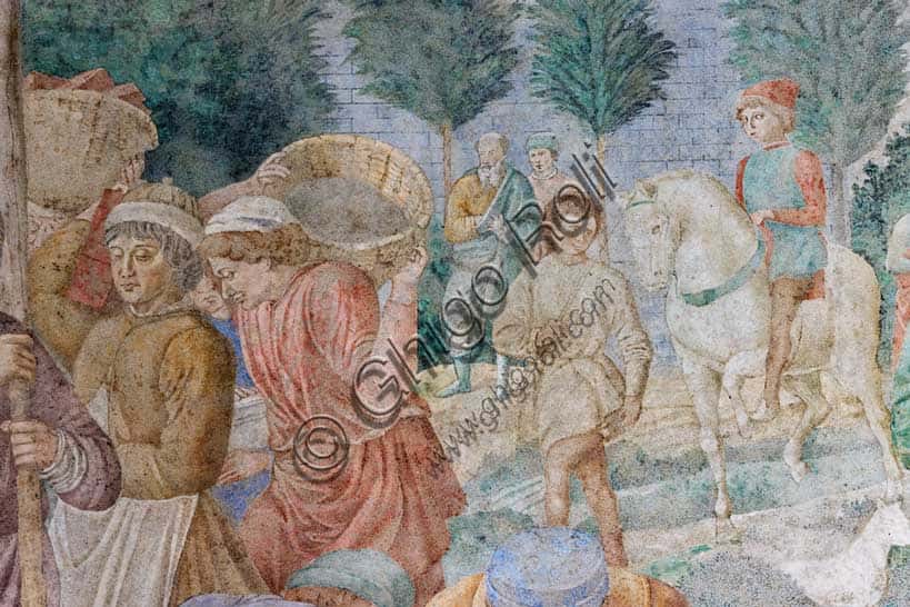 Affresco della Torre di Babele di Benozzo Gozzoli: particolare con uomo a cavallo e operai