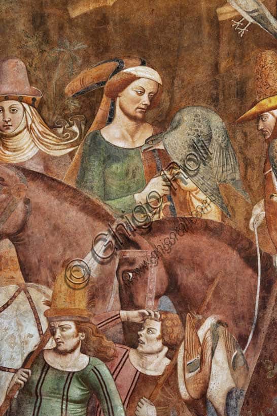 Trionfo della Morte, Camposanto di Pisa: dettaglio con cavalieri e falconieri