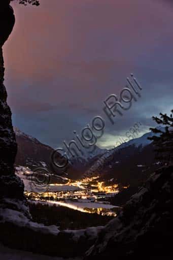 Night View of Valdisotto Village in Alta Valtellina, Italy