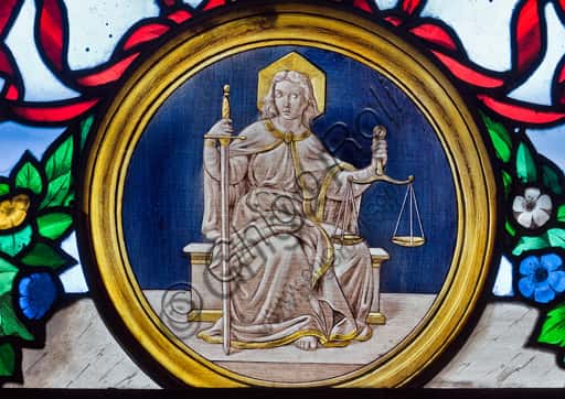 Allegory of Justice Stained Glass by Pompeo Bertini in Genoa Cathedral