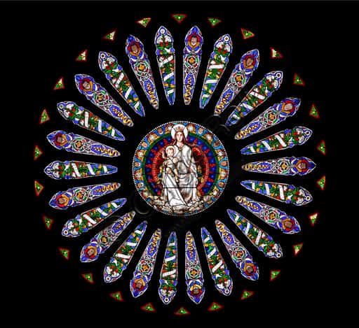 The Rose Window Stained Glass with Queen Mary in Genoa Cathedral (1869)