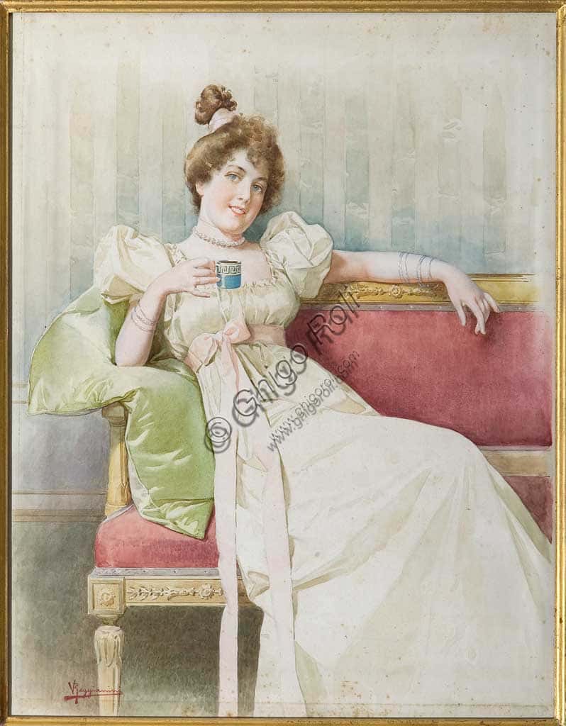 Vittorio Reggianini: Dama sul Divano, Acquerello su Carta - Collezione Assicoop-Unipol