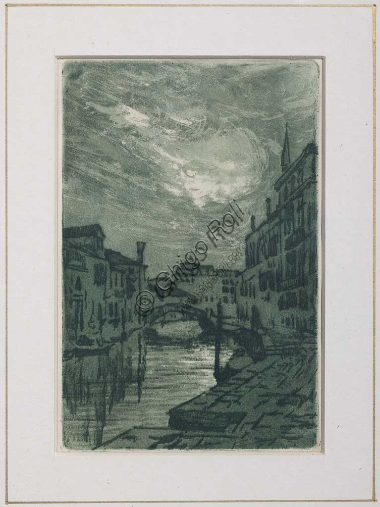Acquaforte Canale a Venezia di Giuseppe Miti Zanetti, incisione su carta raffigurante un canale veneziano con architettura