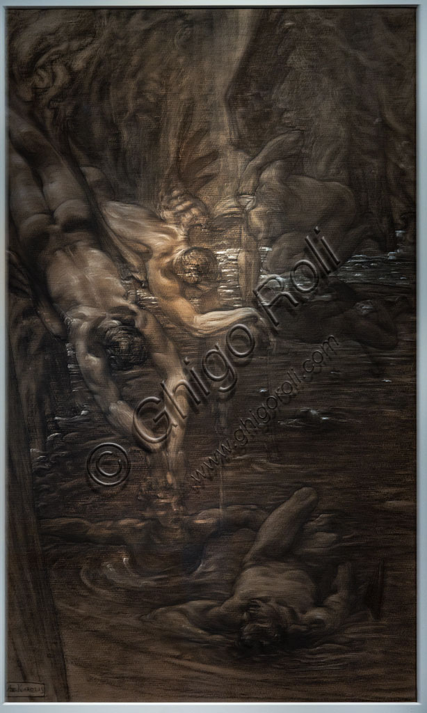 Illustrazione Ciampolo di Navarra Inferno canto XXII Adolfo De Carolis 1901 carboncino pastello Divina Commedia