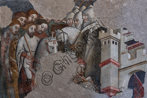 Affreschi Camera Pinta Rocca Albornoz Spoleto: dettaglio cavalieri e torre in stile cortese-cavalleresco del 1392-1416
