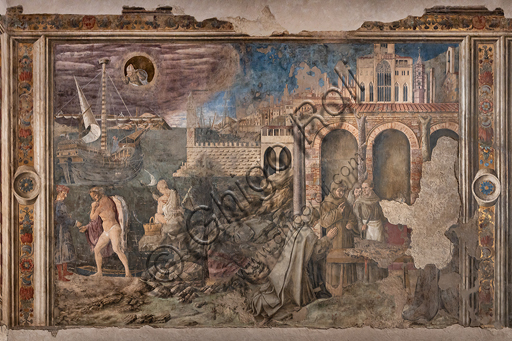 Dettaglio affreschi Cappella dei Priori Perugia con veduta città Quattrocento