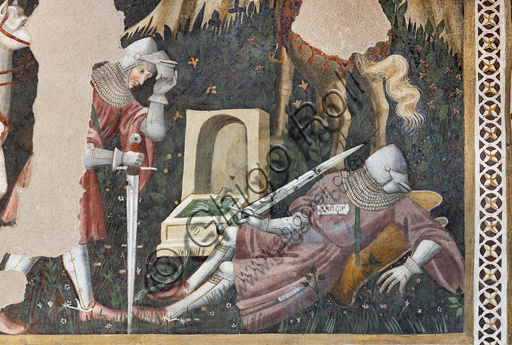 Dettaglio affresco cavalleresco con cavallo e cavalieri, Camera Pinta, Rocca Albornoz di Spoleto