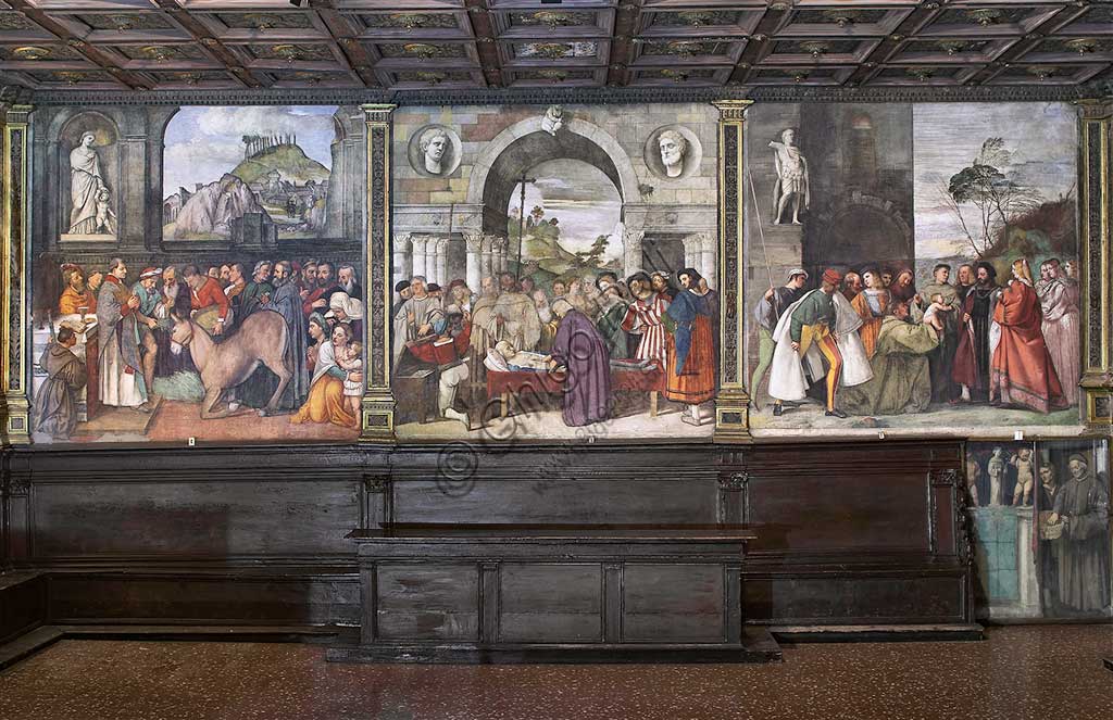 Affreschi parete nord Scuola del Santo, Basilica di Sant'Antonio Padova: miracolo della mula, cuore dell'avaro, neonato che proclama l'innocenza