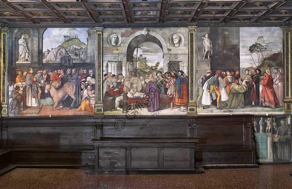 Affreschi parete nord Scuola del Santo, Basilica di Sant'Antonio Padova: miracolo della mula, cuore dell'avaro, neonato che proclama l'innocenza