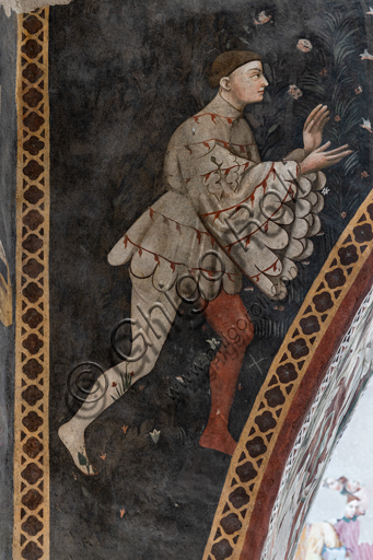 Dettaglio affresco Camera Pinta Spoleto: figura maschile che gioca a palla, ciclo cavalleresco Teseida