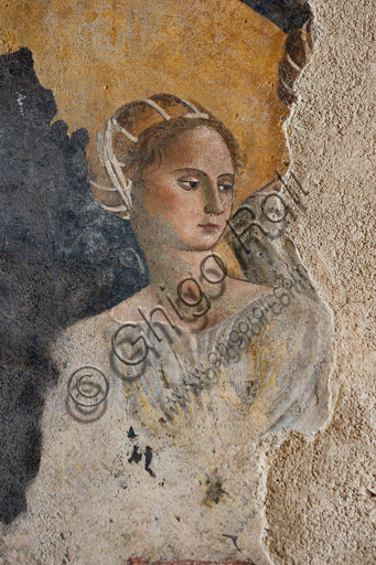 Particolare affresco Camera Pinta Spoleto, dama Bagno Fontana, Rocca Albornoz, pittura cavalleresca Teseida Boccaccio