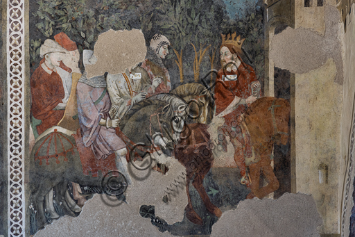 Dettaglio affresco con cavaliere e re, Camera Pinta, Rocca Albornoz Spoleto, pittura cortese 1400