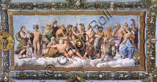 Affresco Il Concilio degli Dei di Raffaello e Giovan Francesco Penni nella Loggia di Amore e Psiche, Villa Farnesina, Roma