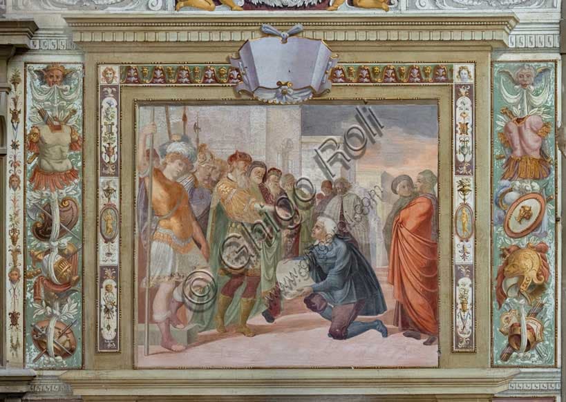 Dettaglio dell'affresco Presentazione di un progetto al re di Cosimo Daddi, Villa Medicea La Petraia, Firenze