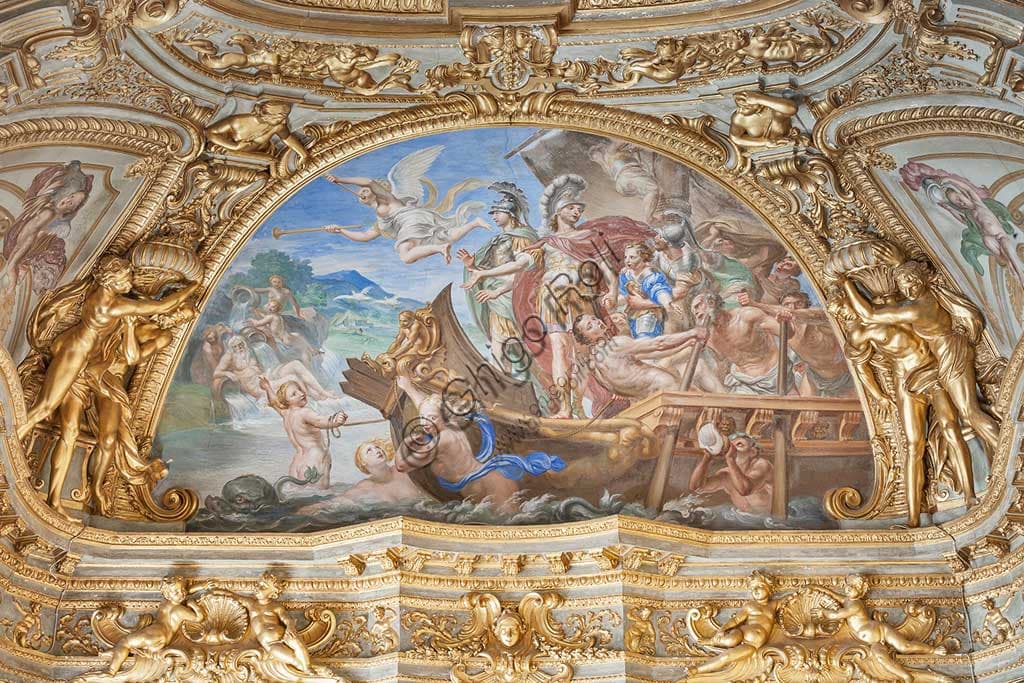Detail of the Rococo fresco by Lorenzo De Ferrari: Aeneas disembarking at the mouth of Tiber river, Palazzo Carrega-Cataldi Genoa