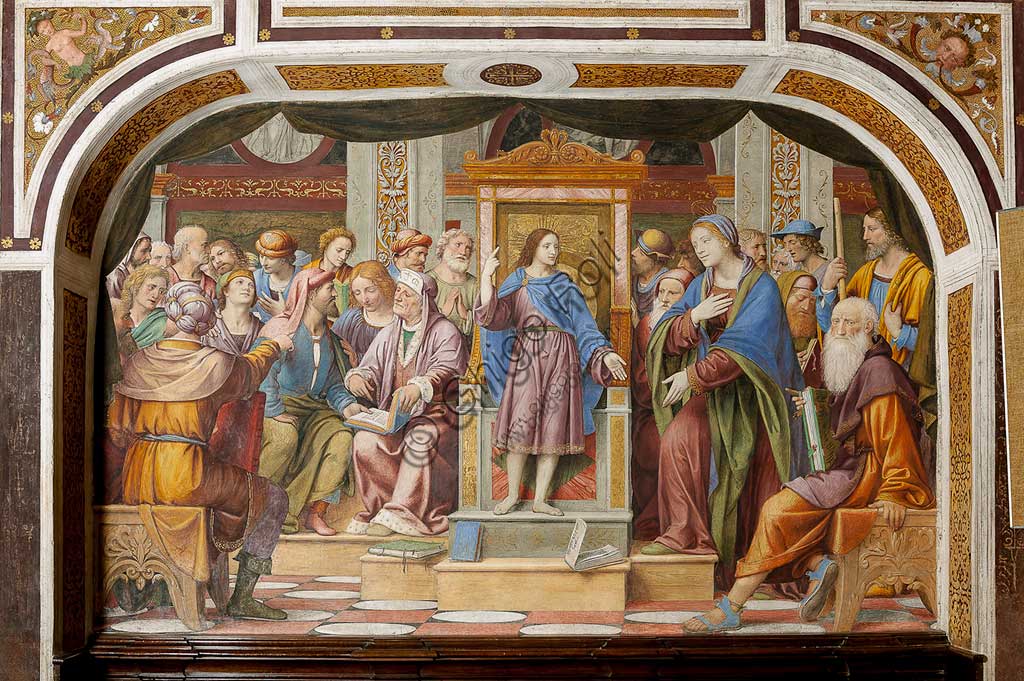 Affresco Gesù tra i Dottori di Bernardino Luini nel Santuario di Saronno, arte rinascimentale