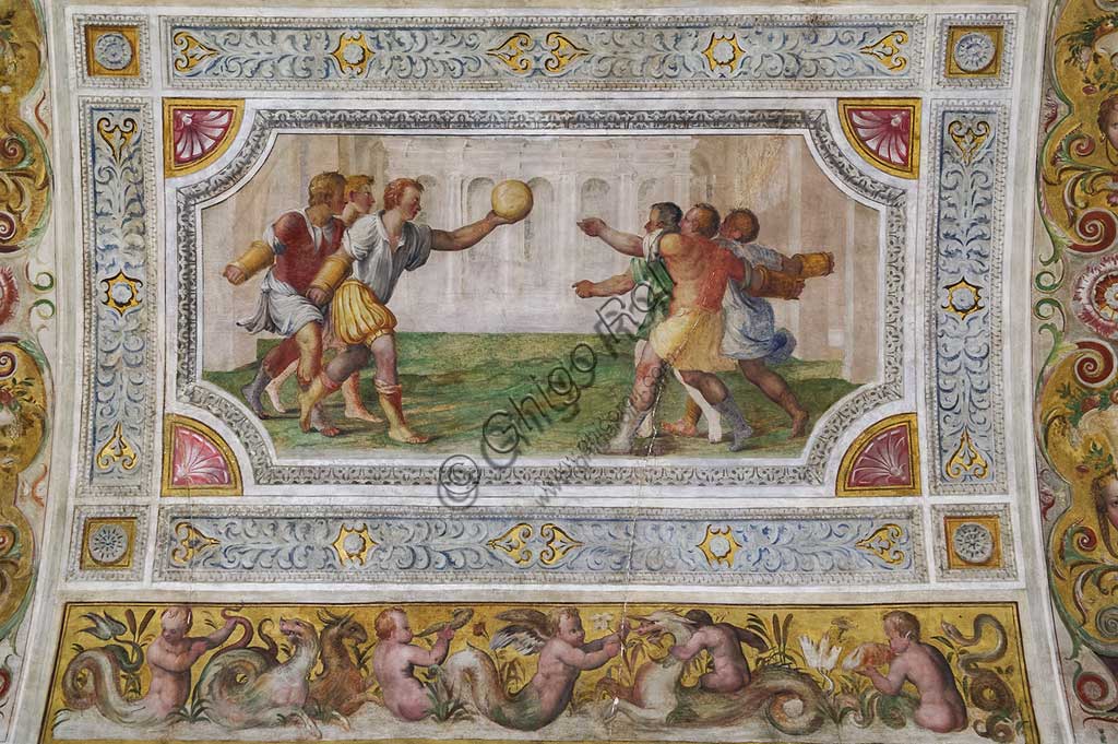 Affresco del gioco della palla al bracciale, dettaglio soffitto Sala dei Giochi, Castello Estense di Ferrara, progetto Pirro Ligorio