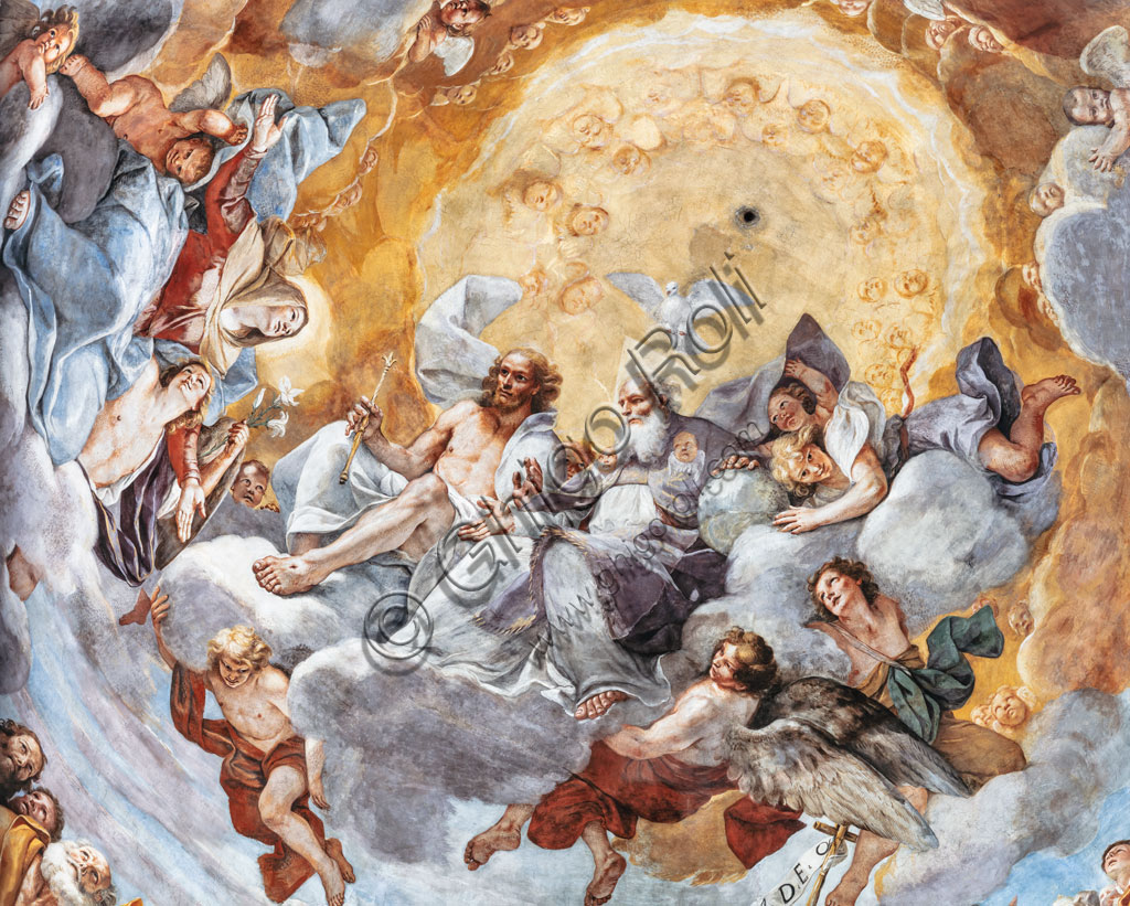 Affresco Il Paradiso di Mattia Preti - particolare con angeli e santi nella cupola della Chiesa del Carmine, Modena