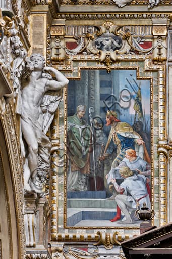 Affresco di Ludovico Pogliaghi del 1910 nella Cappella Cybo, Duomo di Genova: Federico Barbarossa dona la cassetta per le ceneri del Battista