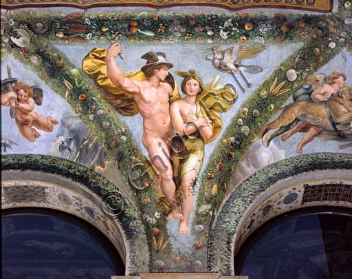 Dettaglio affresco Mercurio Psiche volta Loggia Amore Psiche Villa Farnesina Roma Raffaello