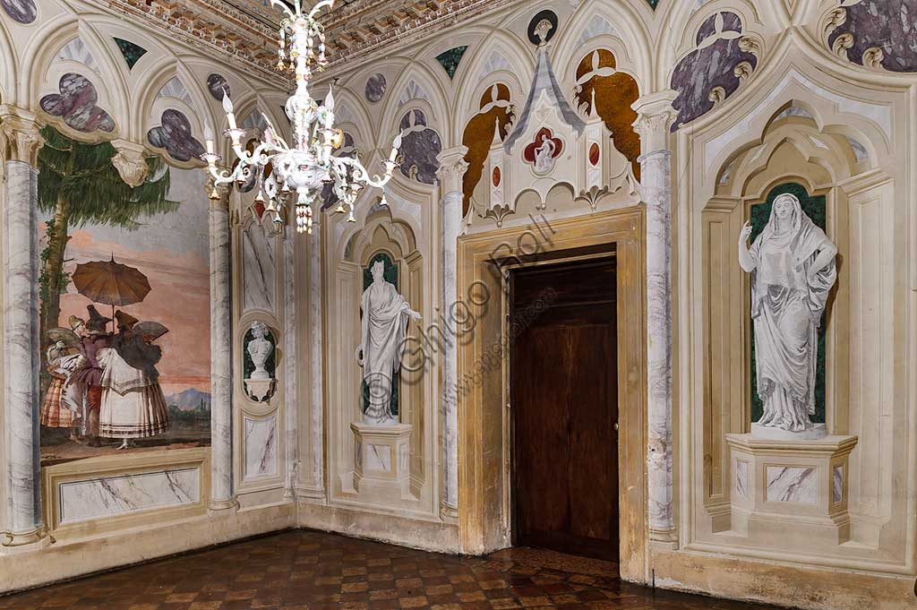 Fresco A Summer Walk by Giandomenico Tiepolo, 1757, Villa Valmarana ai Nani Vicenza, false gothic architecture detail