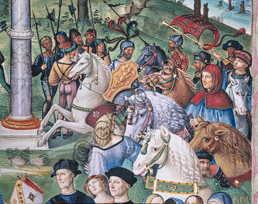 Dettaglio affresco Pinturicchio cavalieri uomini armati e cavalli nella Libreria Piccolomini Duomo di Siena