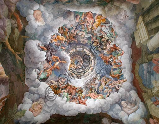 Affresco della volta della Sala dei Giganti, Palazzo Te Mantova, con Giove che scaglia fulmini, dipinto da Giulio Romano