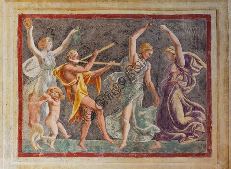 Affresco della parete ovest della Camera di Ovidio a Palazzo Te Mantova, che raffigura Satiri e Menadi danzanti, opera di Anselmo Guazzi e Agostino da Mozzanica del 1527.