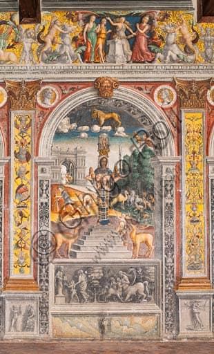 Affresco del segno zodiacale Leone, Diana Efesina su scalini con cervi, e sfondo con Arco degli Argentari ed Ercole, Palazzo D'Arco Mantova