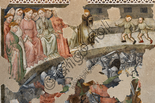 Dettaglio affresco con scena di torneo cavalleresco, Camera Pinta, Rocca Albornoz Spoleto (1392-1416)