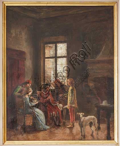 Dipinto olio su zinco di Albano Lugli raffigurante Nicolò Biondo e Alberto Pio con una collezione di cappelli, collezione Assicoop-Unipol