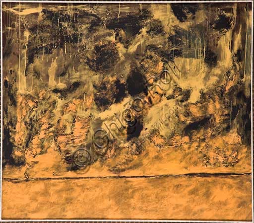 Dipinto 'Spighe di grano con paesaggio' di Alberto Beneventi, tecnica mista su compensato.