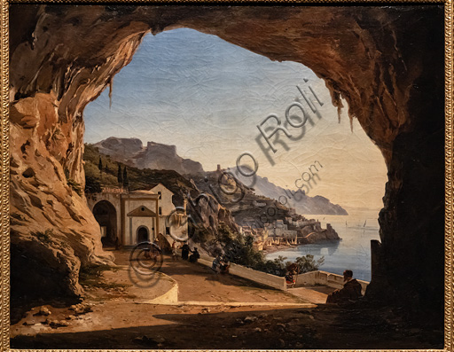Dipinto La grotta dei Cappuccini ad Amalfi di Alessandro La Volpe, olio su tela 1850, paesaggio costiero