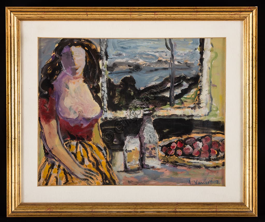 Dipinto Signora con natura morta di Alfredo Vanzetti, olio su tela collezione Assicoop-Unipol