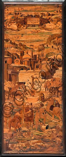 Tarsia lignea Allegoria di Giovanni Francesco Zambelli, coro Duomo di Genova, dettaglio arte rinascimentale