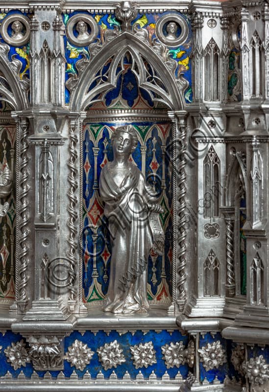 Silver altar, Opera del Duomo Museum Florence, detail saint statue with parchment, Renaissance art