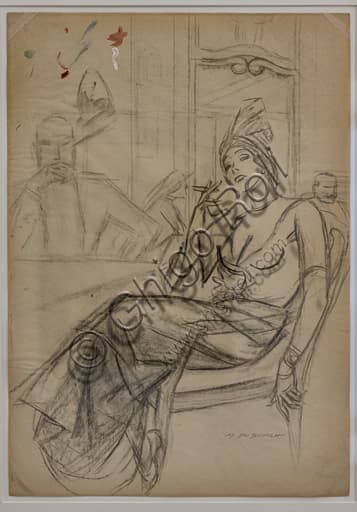 Bozzetto a matita L'aperitivo di Marcello Dudovich, dettaglio su carta 1954-55